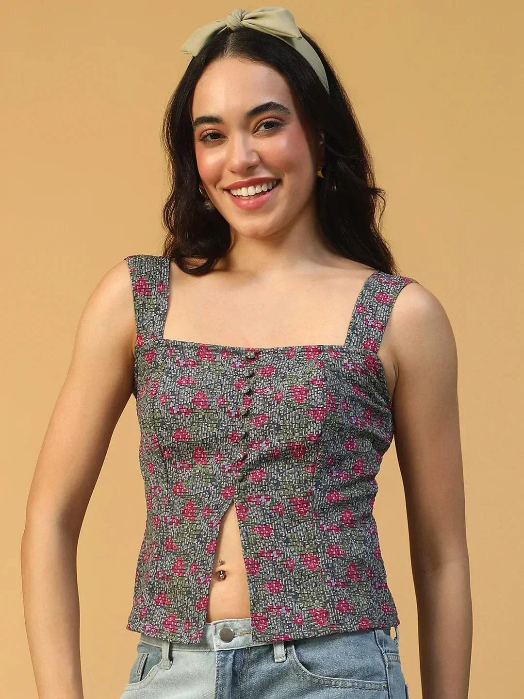Multicolor Floral Print Smocked Button Down Women Seersucker Dobby Top - Image 3