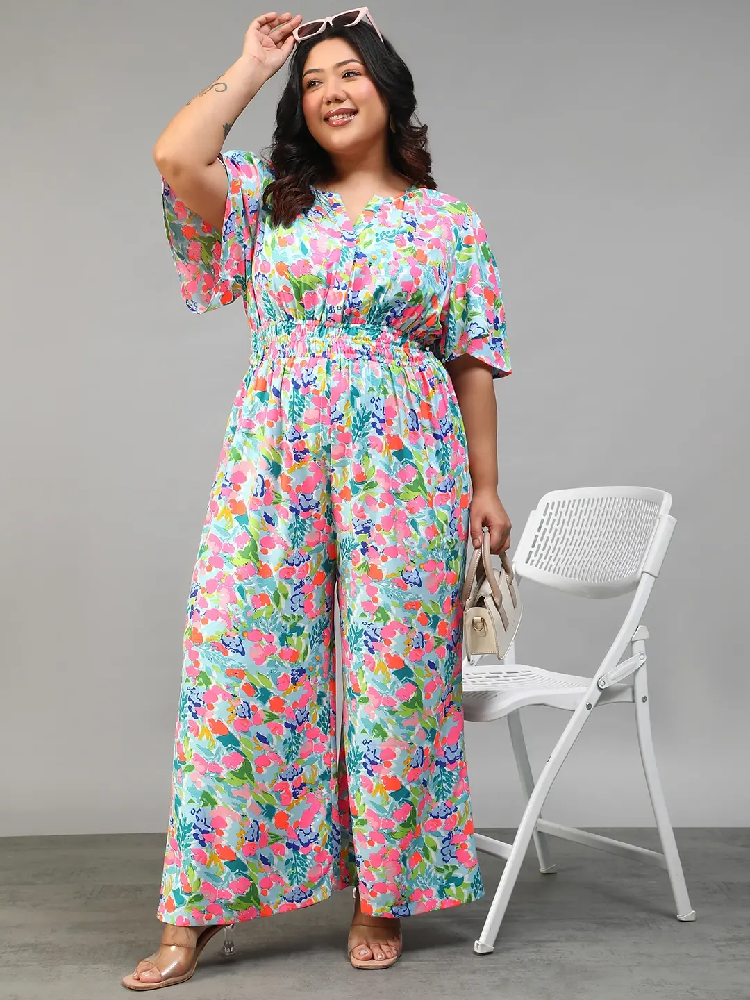 Multicolor Floral Print Women Plus Size Jumpsuit - Image 4