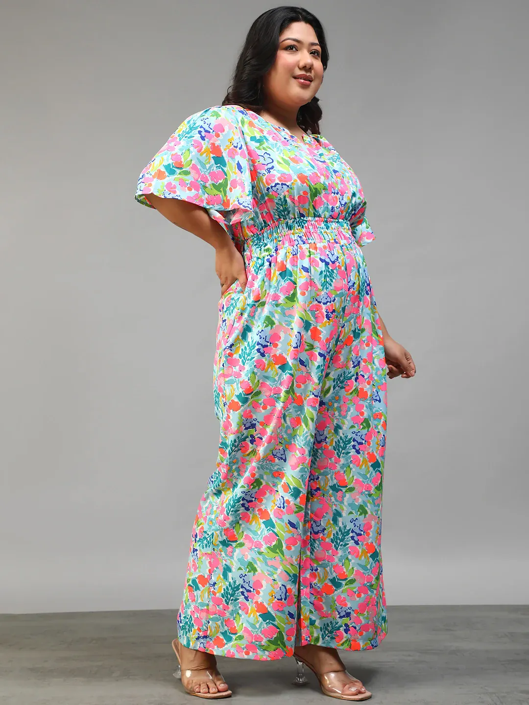 Multicolor Floral Print Women Plus Size Jumpsuit - Image 5