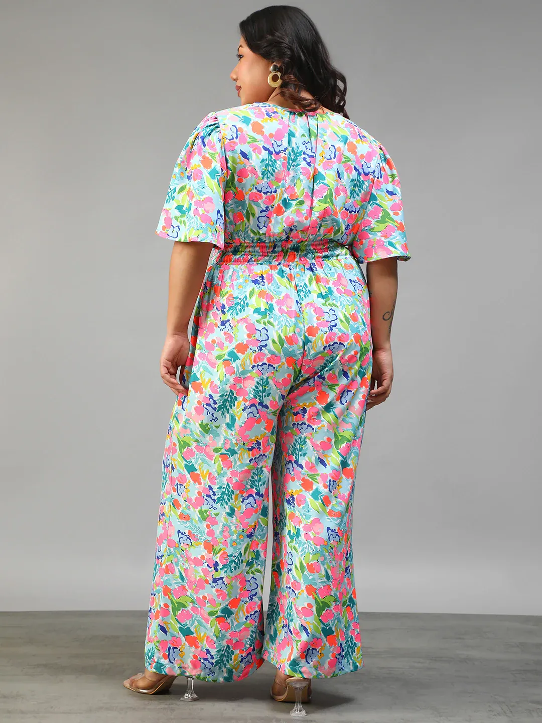 Multicolor Floral Print Women Plus Size Jumpsuit - Image 6