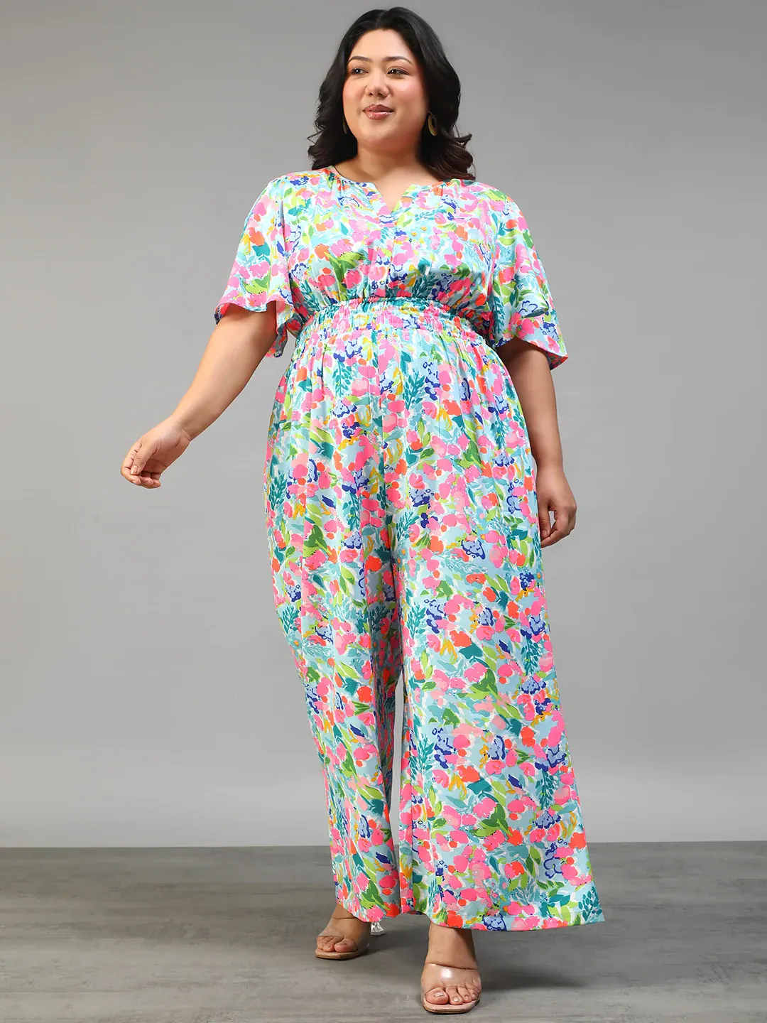 Multicolor Floral Print Women Plus Size Jumpsuit - Image 7
