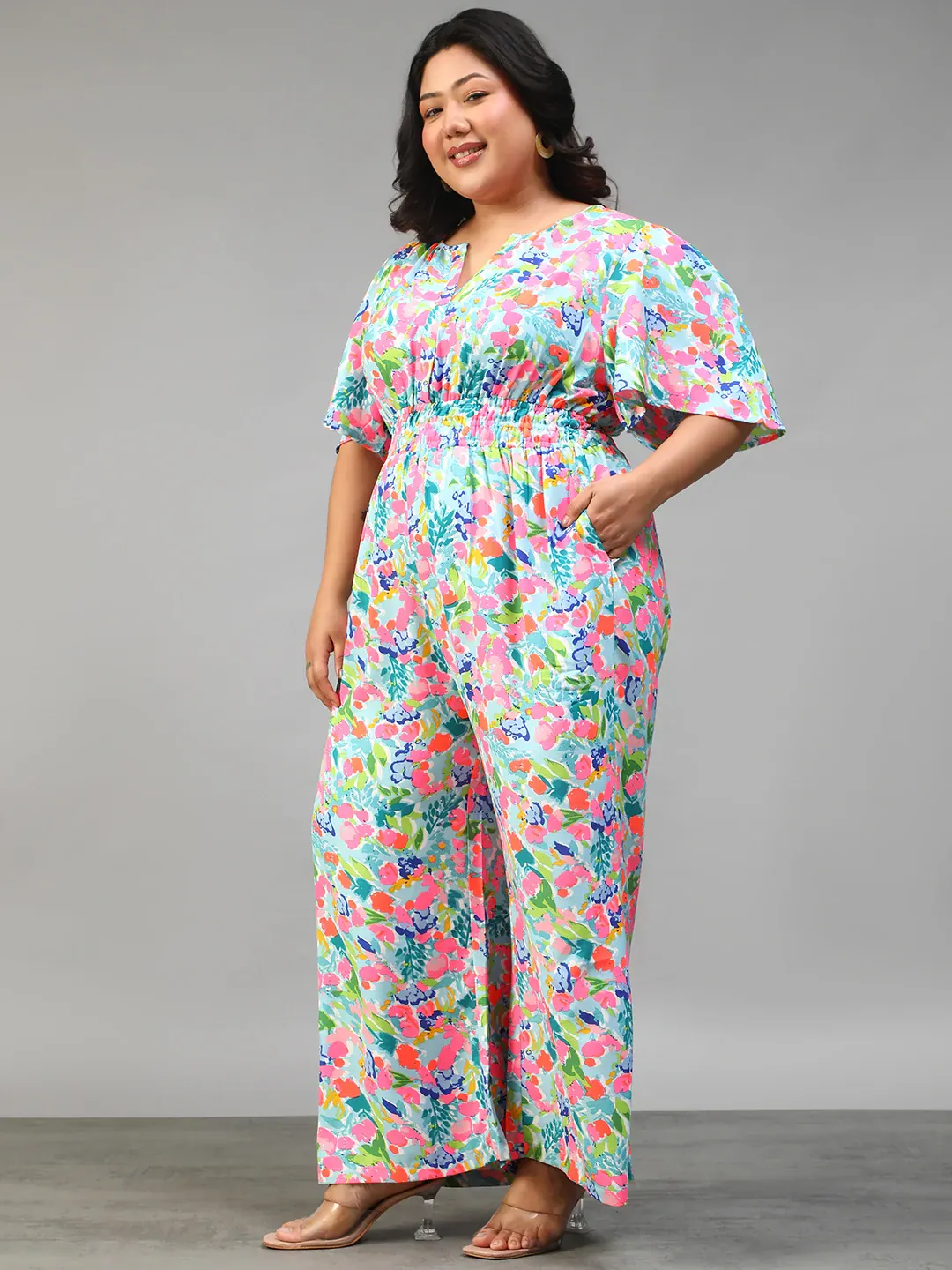 Multicolor Floral Print Women Plus Size Jumpsuit - Image 8