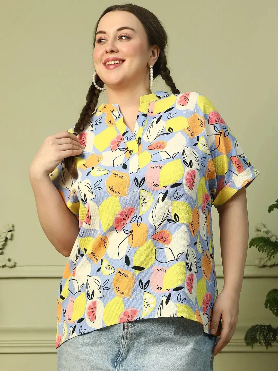 Multicolor Fruit Print  Short Sleeve Plus Size Women Top