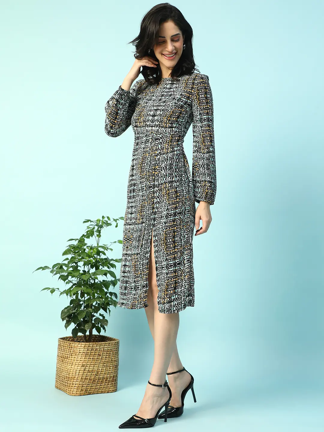 Multicolor Long sleeve Printed Women Dress with Slit Cut - Image 12