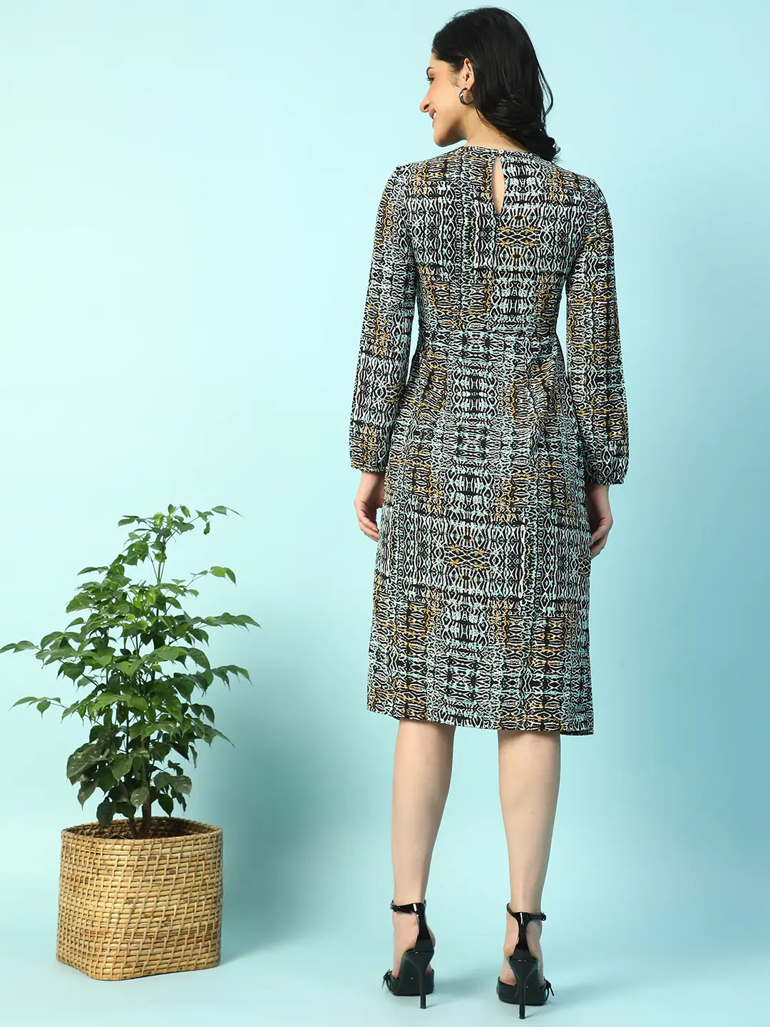 Multicolor Long sleeve Printed Women Dress with Slit Cut - Image 4