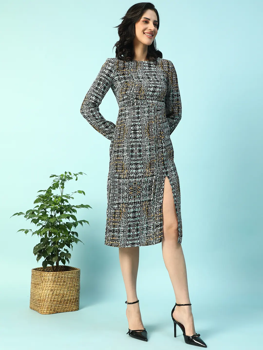 Multicolor Long sleeve Printed Women Dress with Slit Cut - Image 5