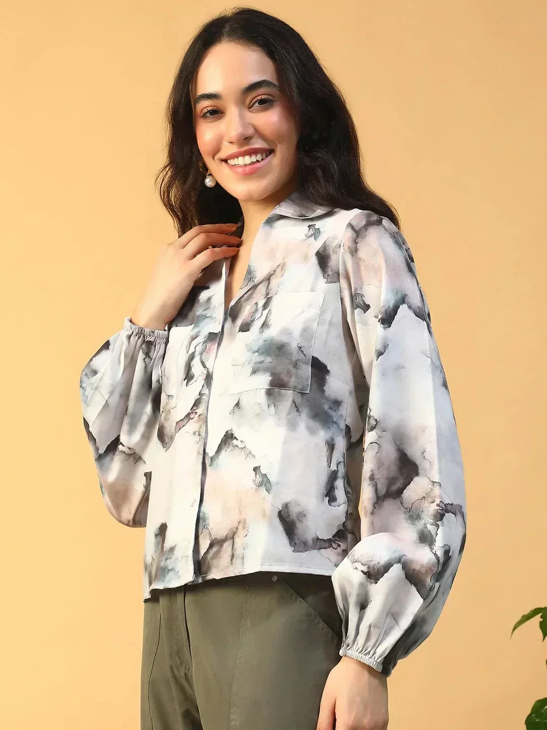 Multicolor Marble Print Collared Button Down Long Sleeve Women Shirt In Slub Fabric - Image 3