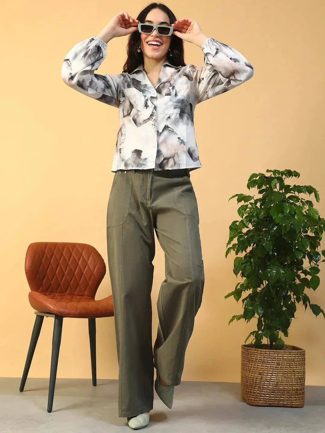 Multicolor Marble Print Collared Button Down Long Sleeve Women Shirt In Slub Fabric - Image 7