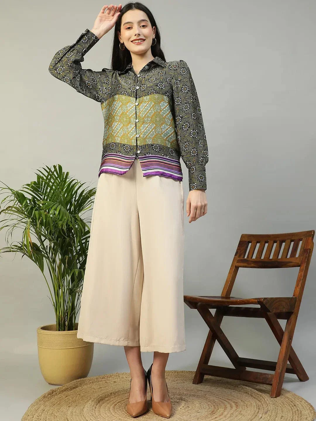 Multicolor Printed Collared Button Down Long Sleeve Women Shirt - Image 2