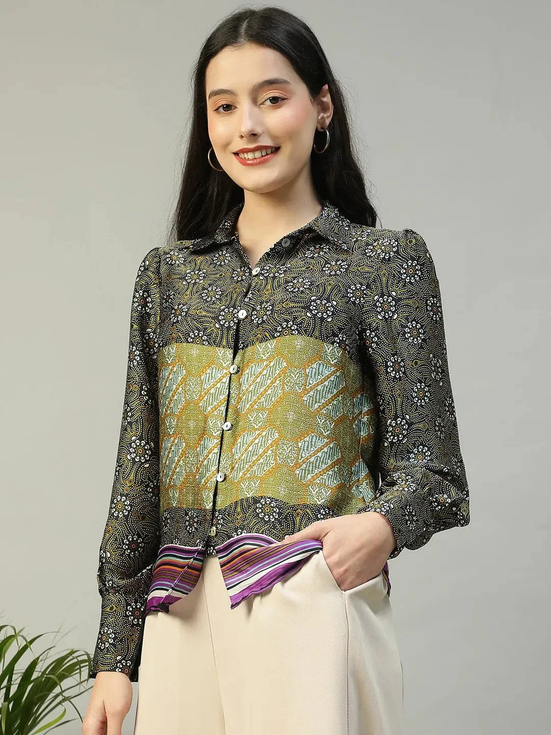 Multicolor Printed Collared Button Down Long Sleeve Women Shirt - Image 3
