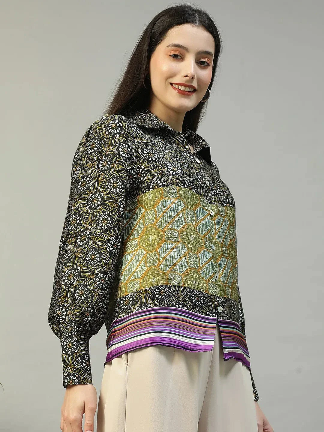 Multicolor Printed Collared Button Down Long Sleeve Women Shirt - Image 4