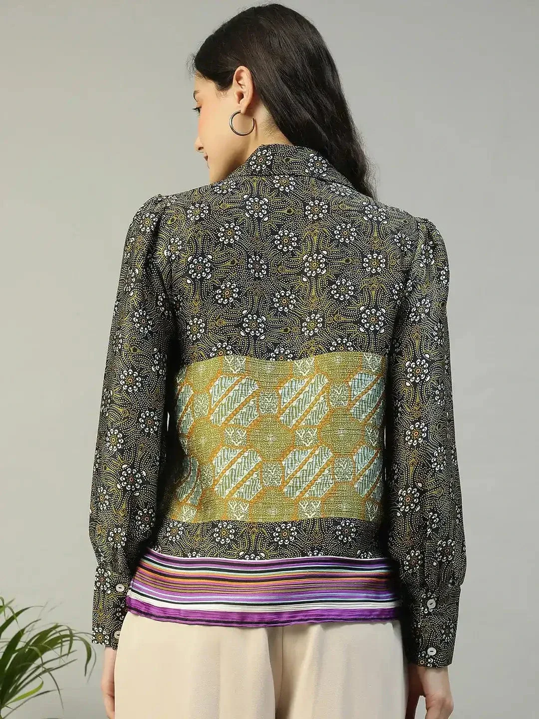 Multicolor Printed Collared Button Down Long Sleeve Women Shirt - Image 5