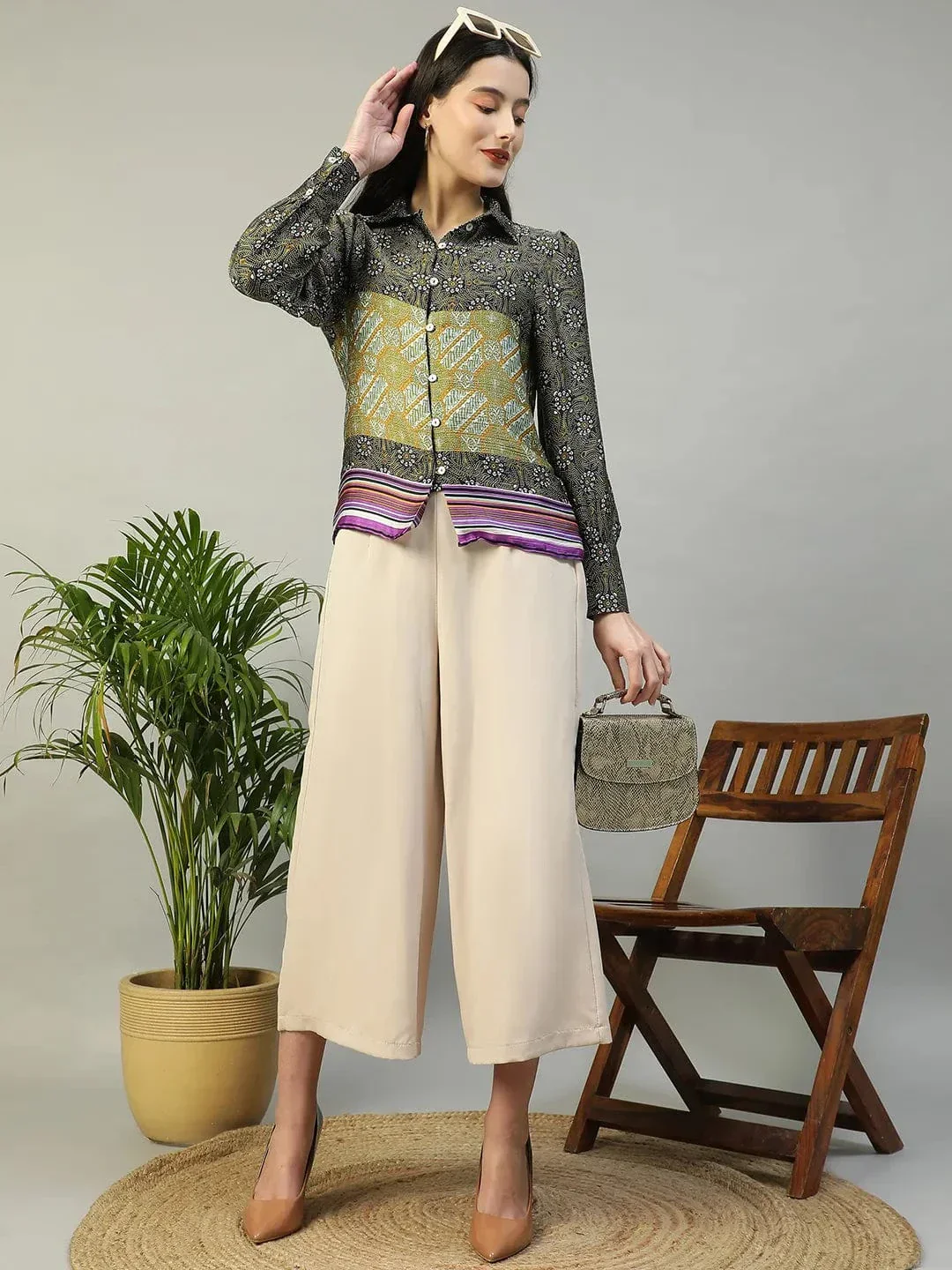 Multicolor Printed Collared Button Down Long Sleeve Women Shirt - Image 7