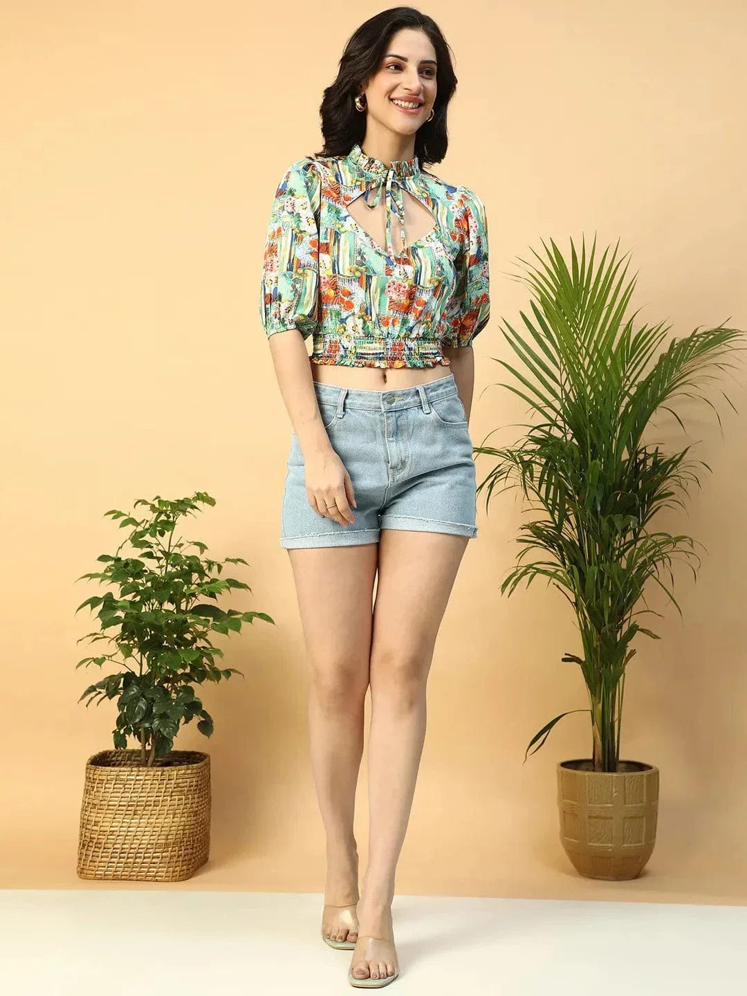 Multicolor Printed Keyhole Neck Smocking Detail Women Crop Top - Image 2