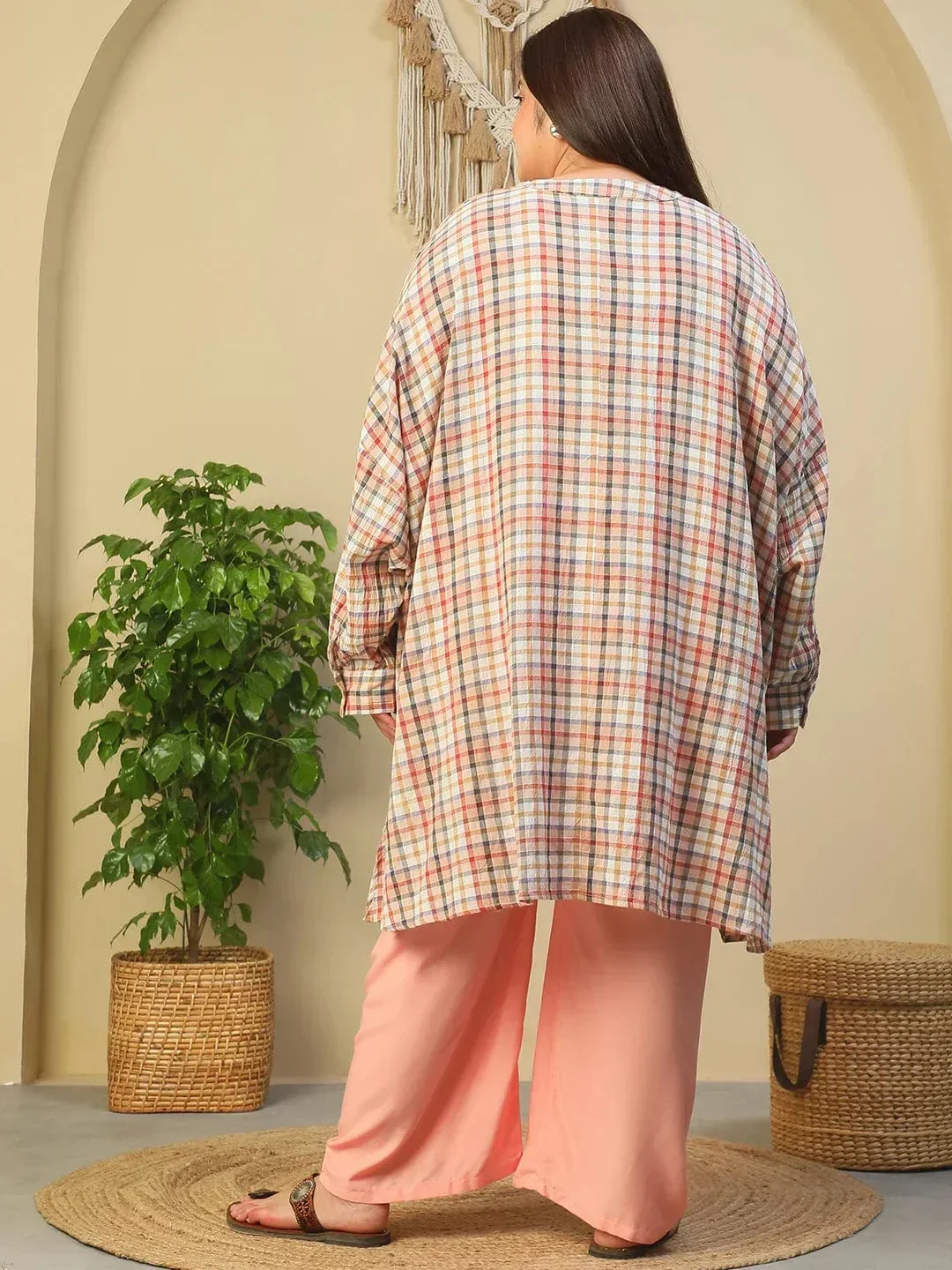 Multicolor Round Neck With Button Placket Long Sleeve High Low Yarn Dyed Check Print Plus Size Women Cotton Tunic - Image 5