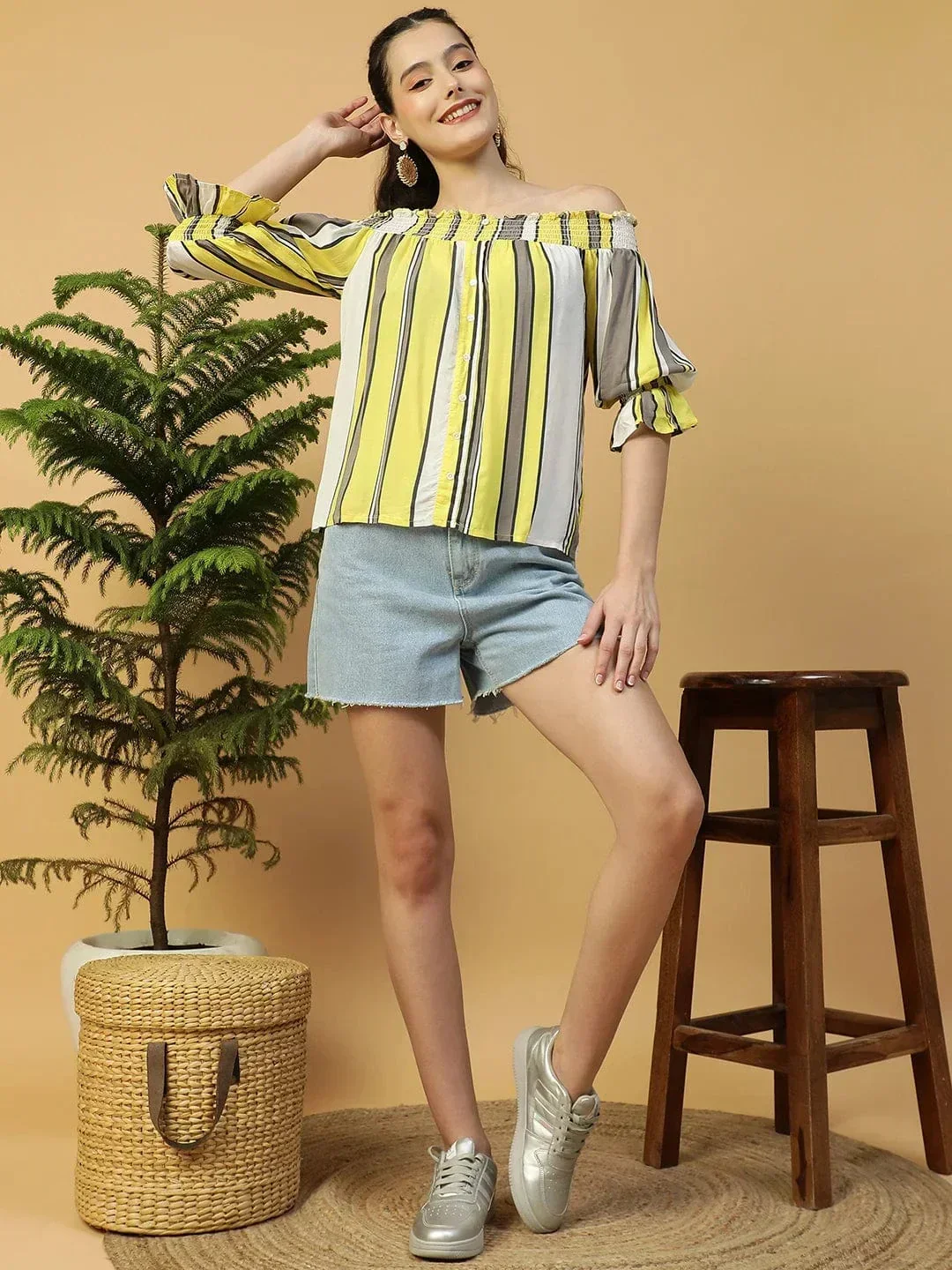 Multicolor Stripe Print Smocked Off-Shoulder 3/4 Sleeves Women Top - Image 2