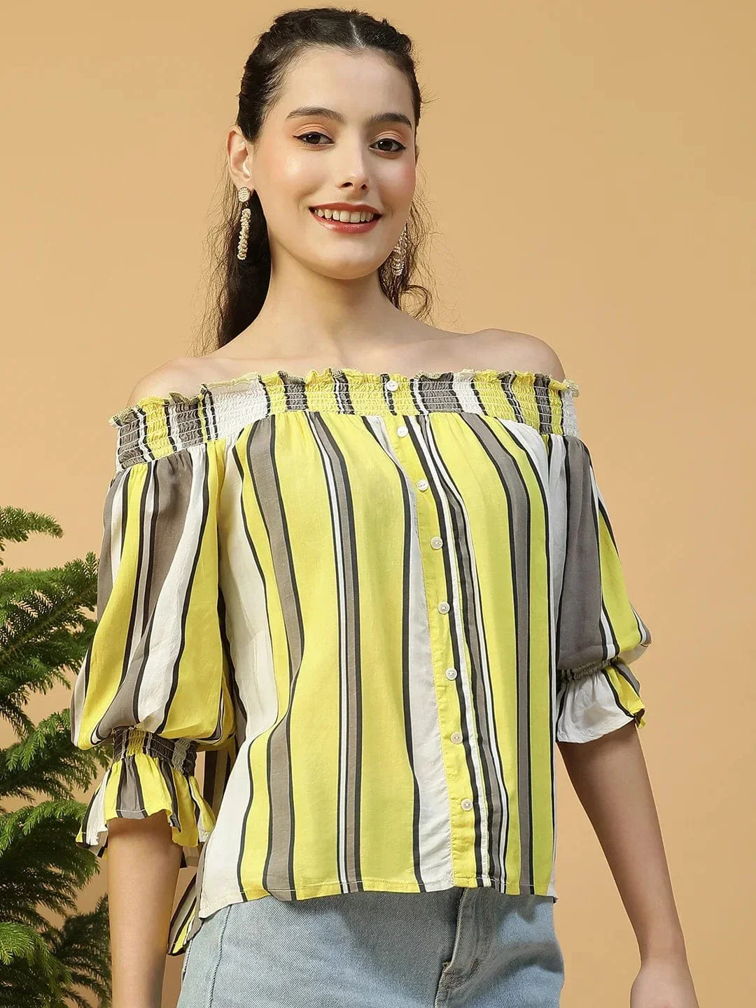 Multicolor Stripe Print Smocked Off-Shoulder 3/4 Sleeves Women Top - Image 4