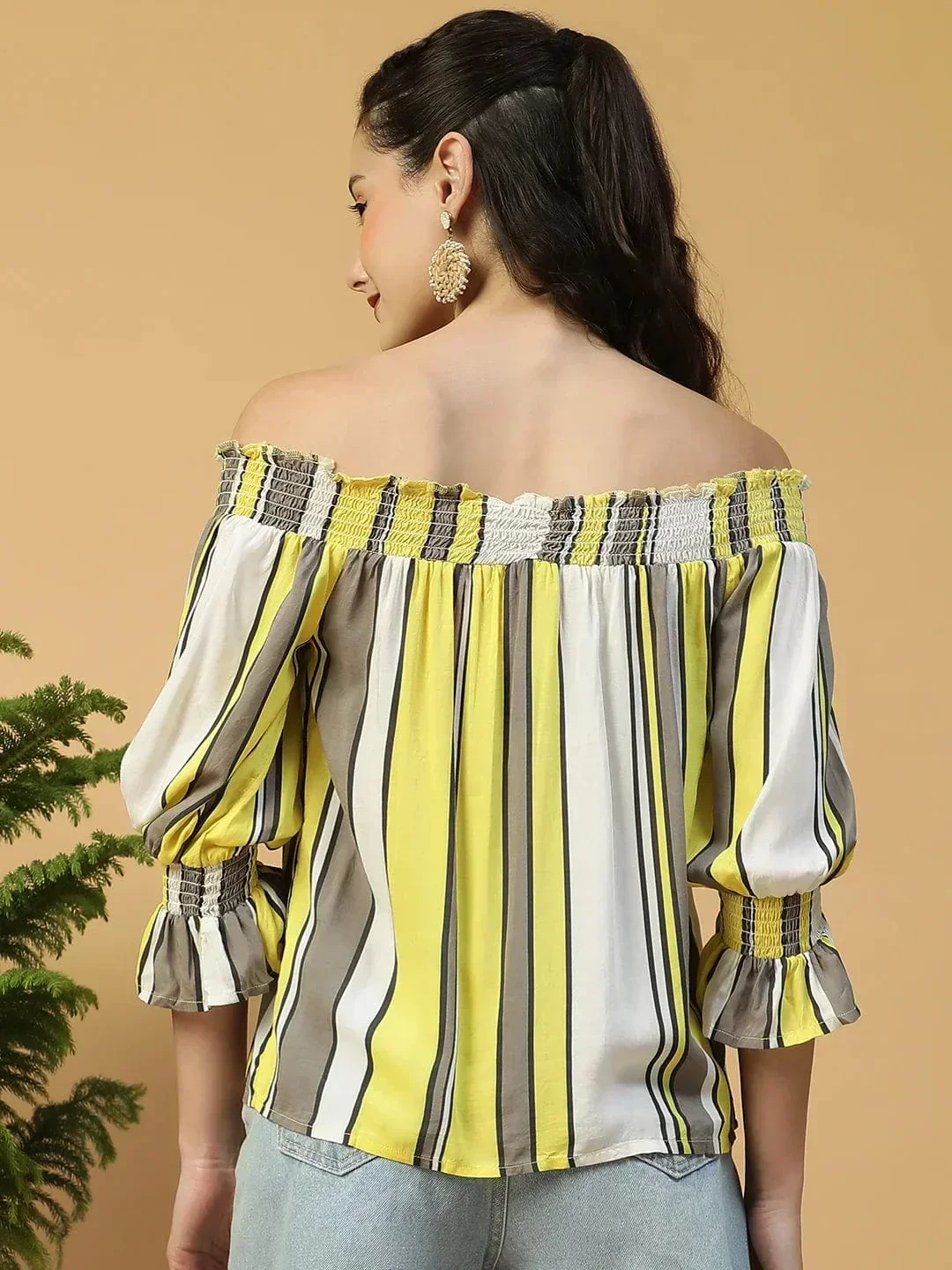 Multicolor Stripe Print Smocked Off-Shoulder 3/4 Sleeves Women Top - Image 5