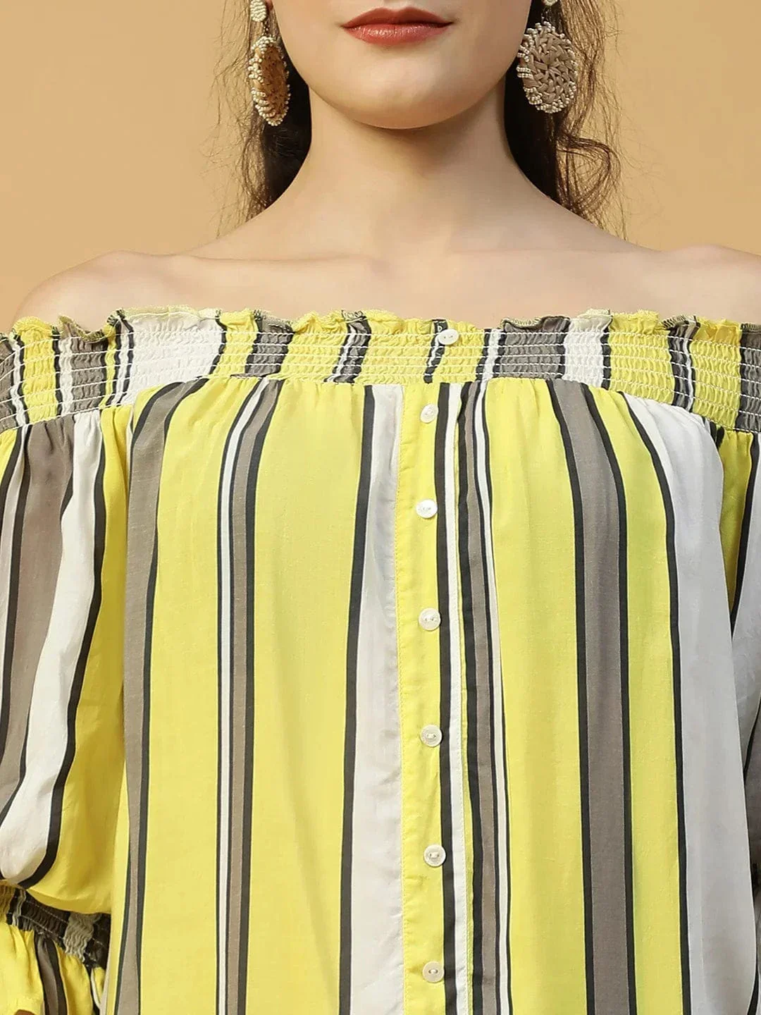 Multicolor Stripe Print Smocked Off-Shoulder 3/4 Sleeves Women Top - Image 6
