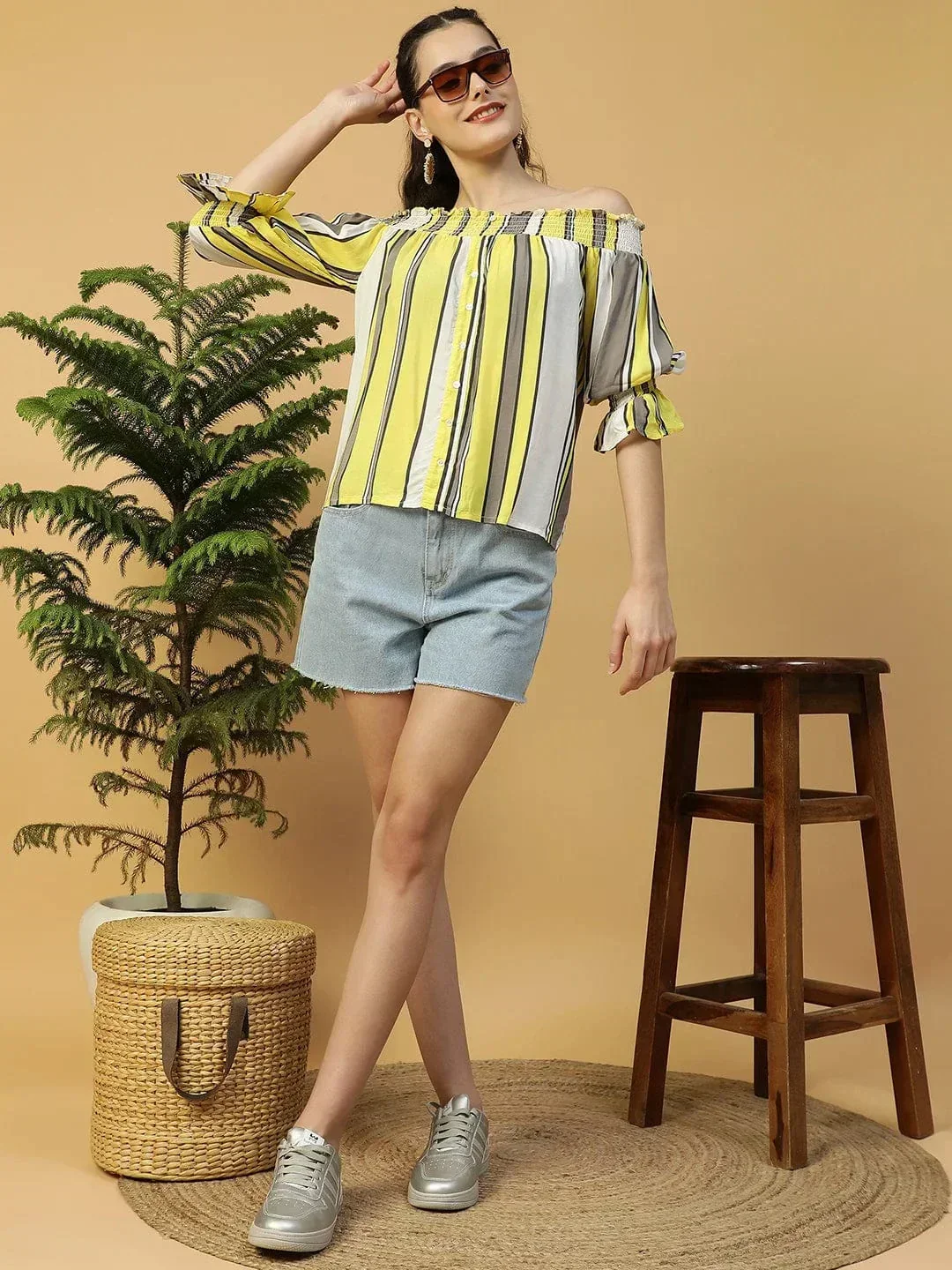 Multicolor Stripe Print Smocked Off-Shoulder 3/4 Sleeves Women Top - Image 7