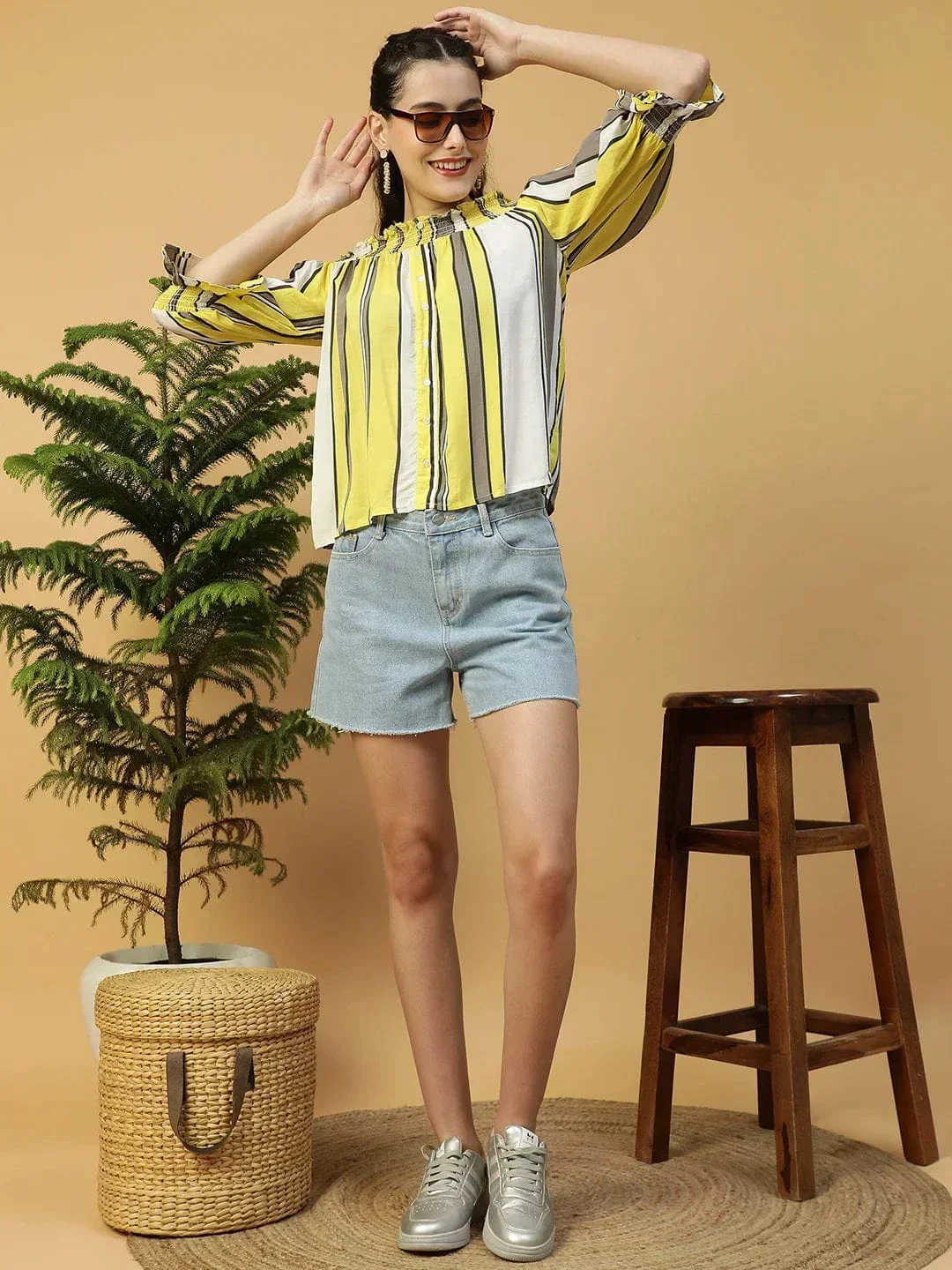 Multicolor Stripe Print Smocked Off-Shoulder 3/4 Sleeves Women Top - Image 8