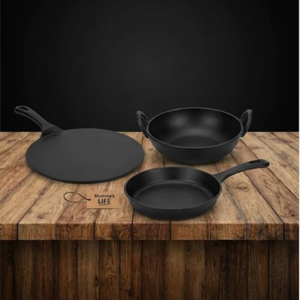 Mumma’s Life Cast Iron Cookware Set (3-Piece Combo) – Dosa Tawa (30.5 cm), Deep Kadai (2.3L) & Fry Pan (1.4L) | Pre-Seasoned, Naturally Non-Stick & Toxin-Free Heavy Duty Kitchen Set (Black) - Image 2