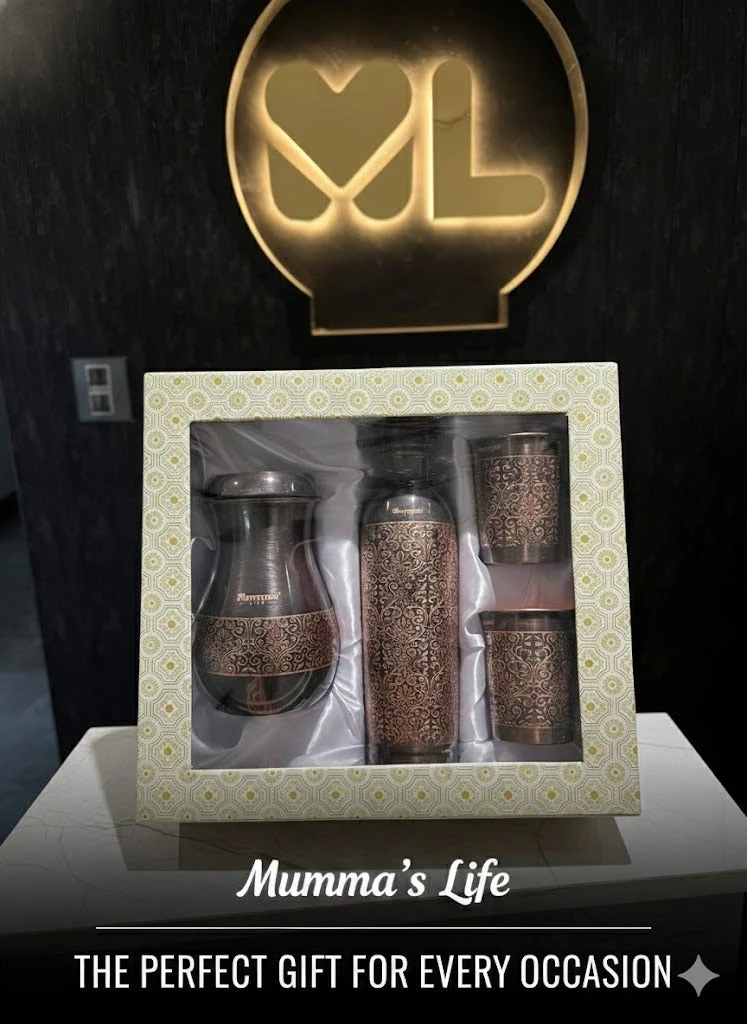 Mumma’s Life Pure Copper Gift Set – 1000ml Leak-Proof Water Bottle, 2 Glasses & 1 Jug with Intricate Embossed Design – Ayurvedic Health Benefits, Luxury Gift Box for Home, Office & Gifting - Image 3
