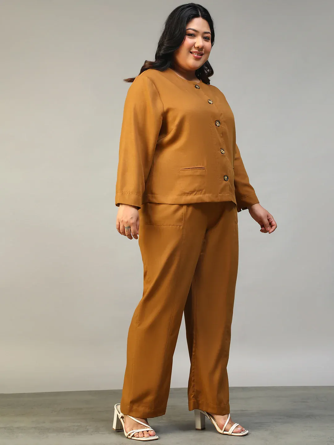 Mustard Plus Size Women Co-Ord Set | Button-Down Top & Elasticated Pants - Image 5