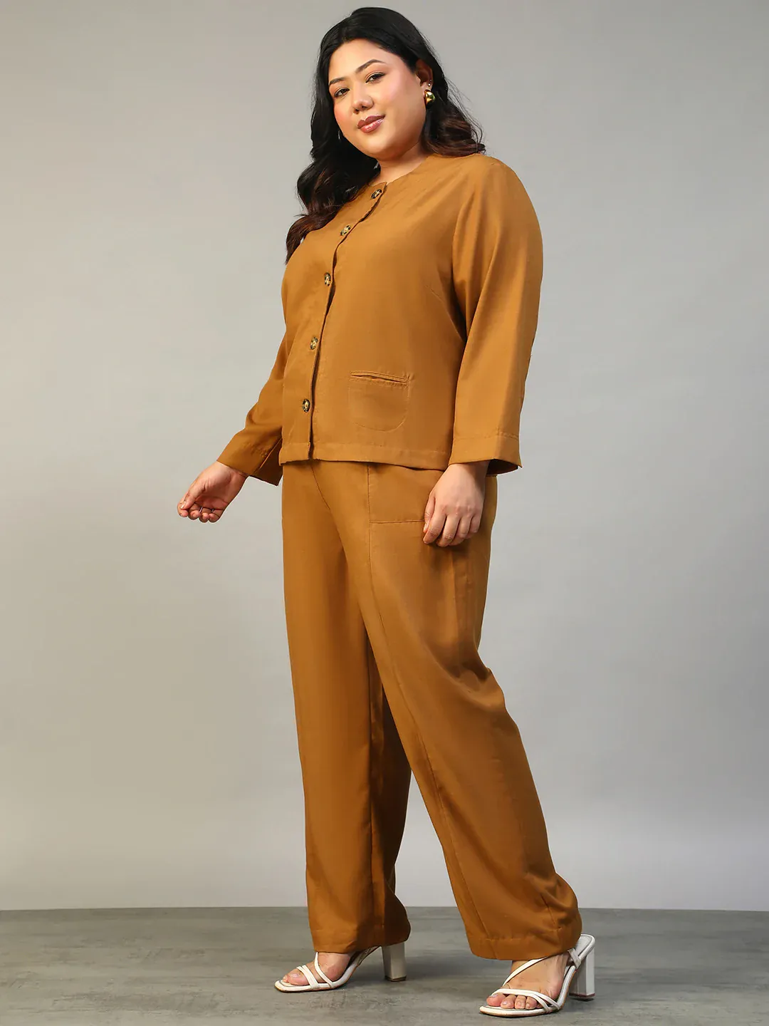 Mustard Plus Size Women Co-Ord Set | Button-Down Top & Elasticated Pants - Image 8