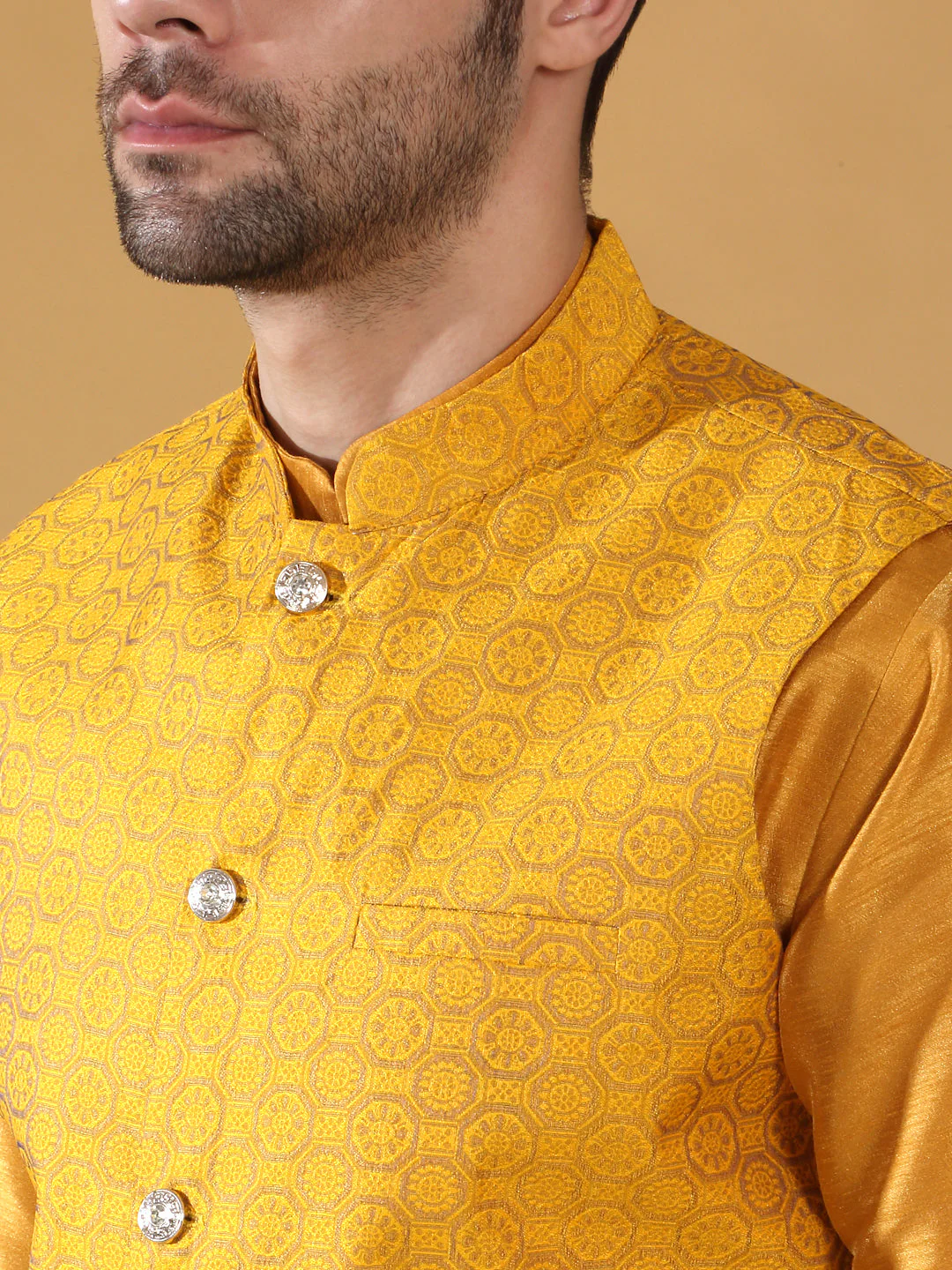 Mustard Silk Blend Kurta churidar with Jacquard Geometric Sleeveless Nehru Jacket set - Image 3
