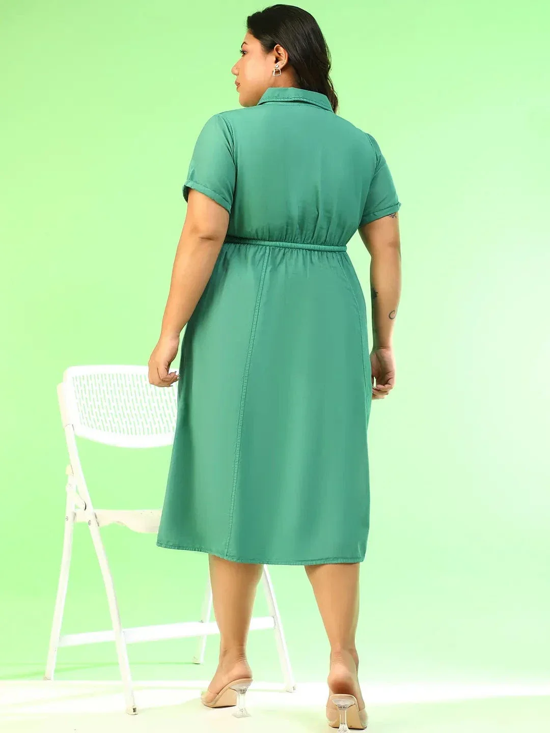 Mystical Green Collared Short Sleeve Elasticated Tie-Up Detail Button Down Plus Size Women Cotton Dress - Image 5