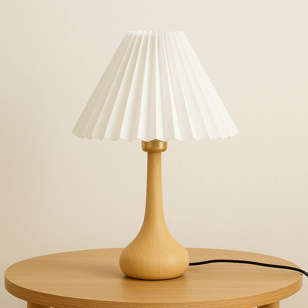 Natural Wooden Table Lamp with Pleated Shade - Image 2