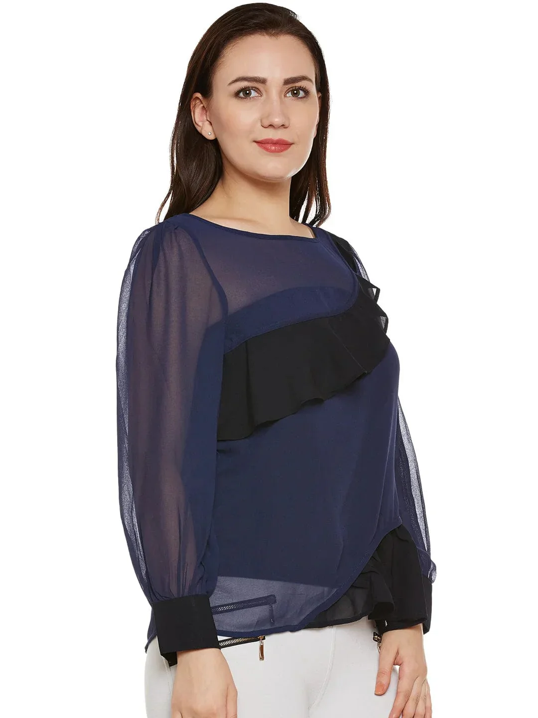 Navy & Black Sheer Top With Ruffles - Image 4