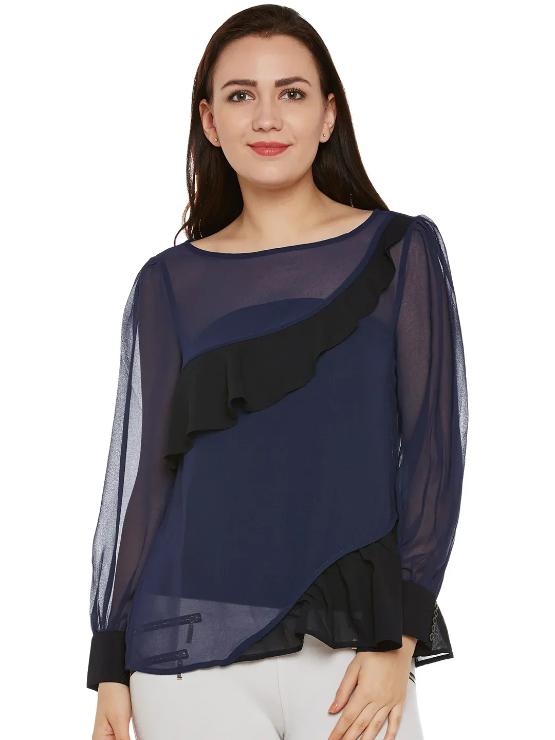 Navy & Black Sheer Top With Ruffles