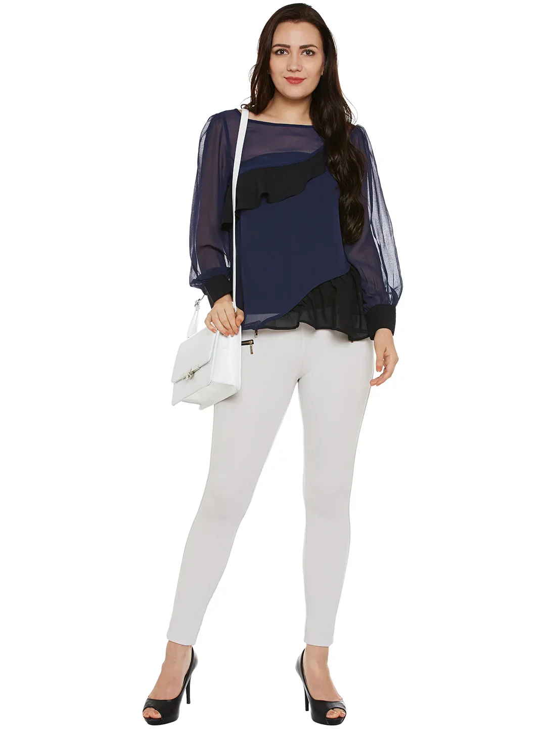 Navy & Black Sheer Top With Ruffles - Image 2