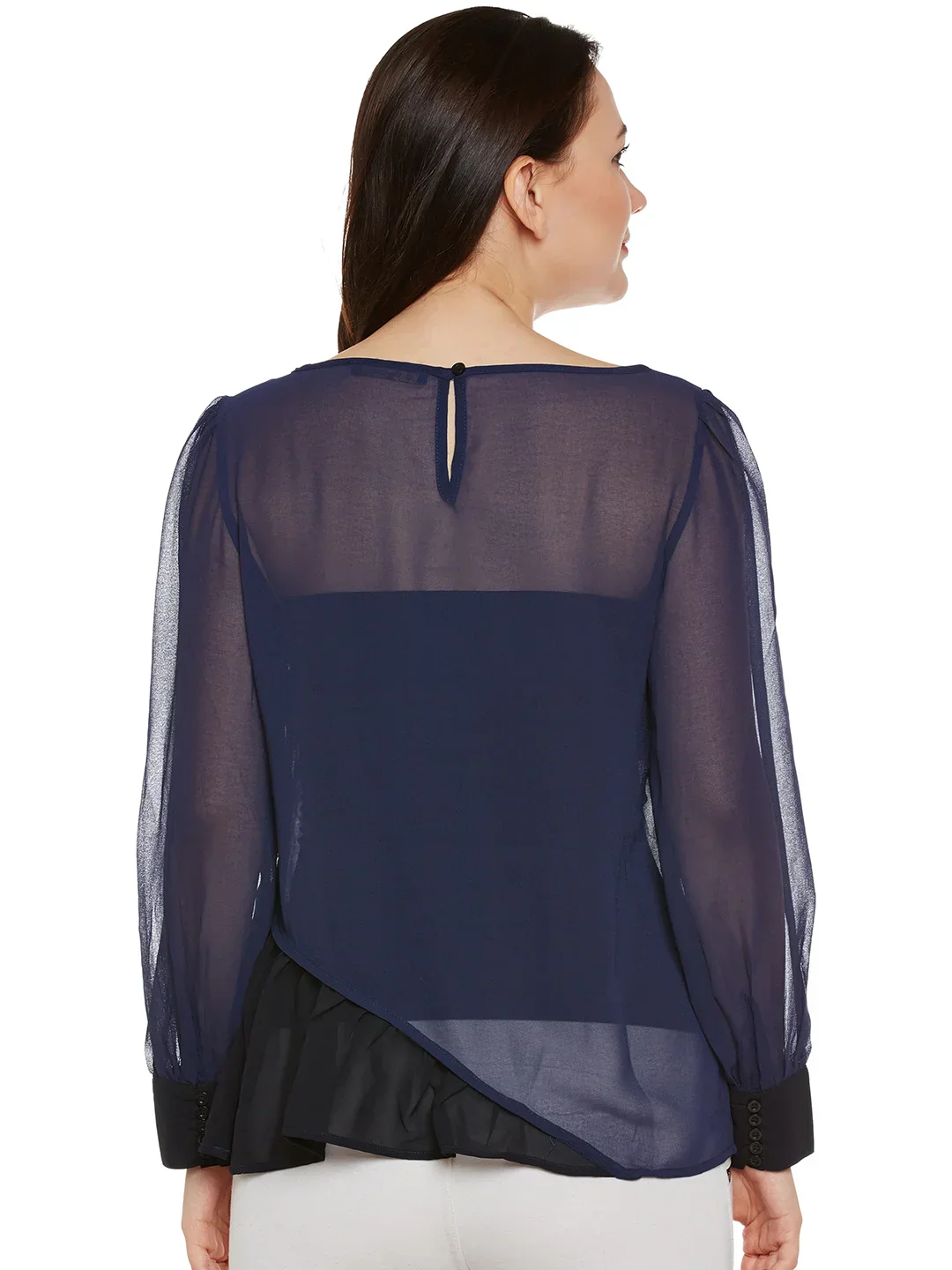 Navy & Black Sheer Top With Ruffles - Image 5