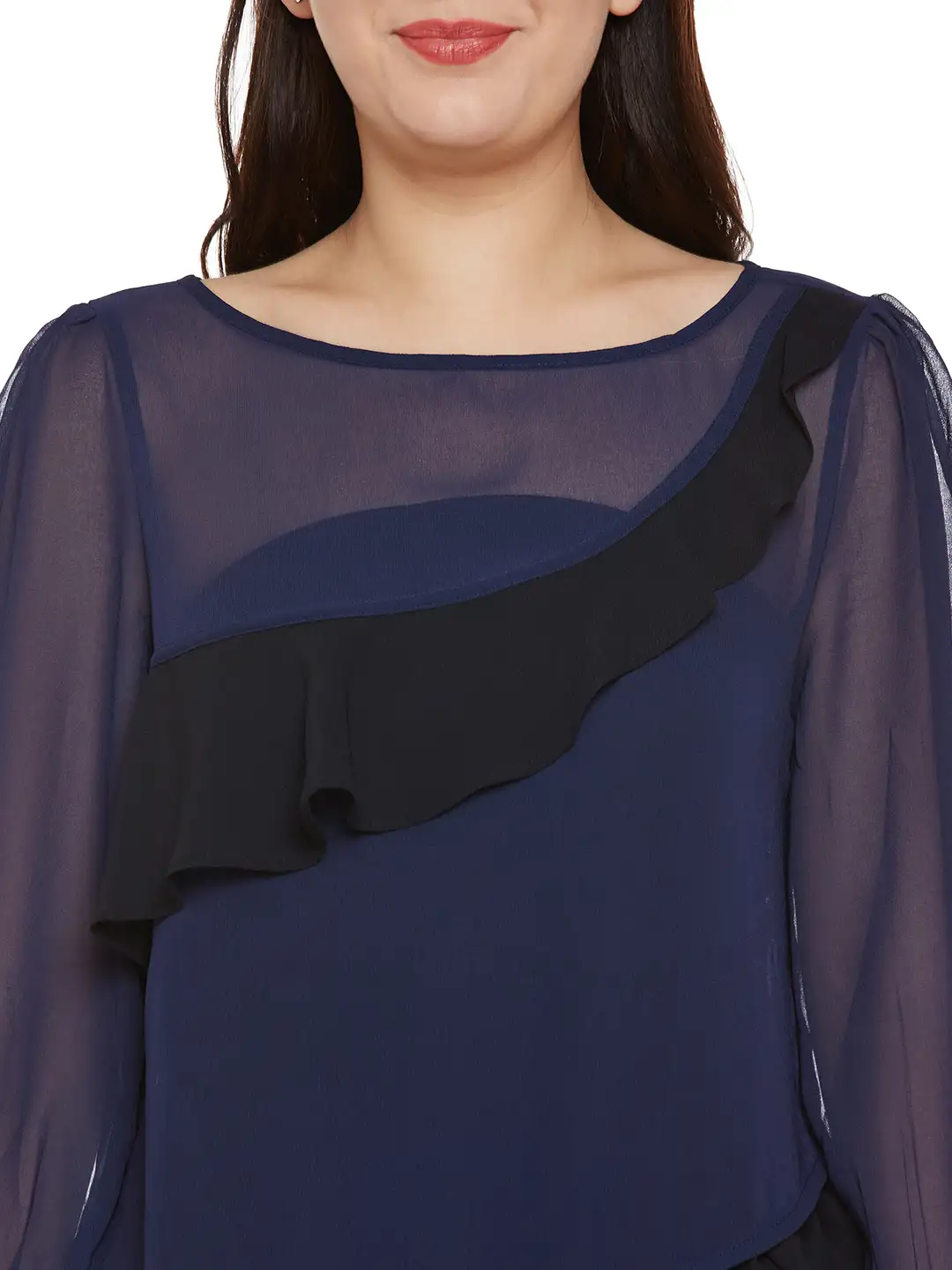 Navy & Black Sheer Top With Ruffles - Image 6