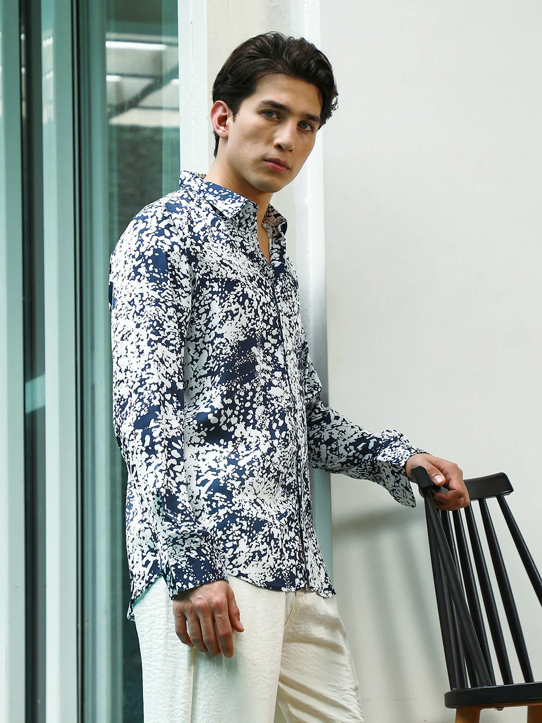 Navy Blue and White Abstract Pattern Rayon Shirt - Image 3