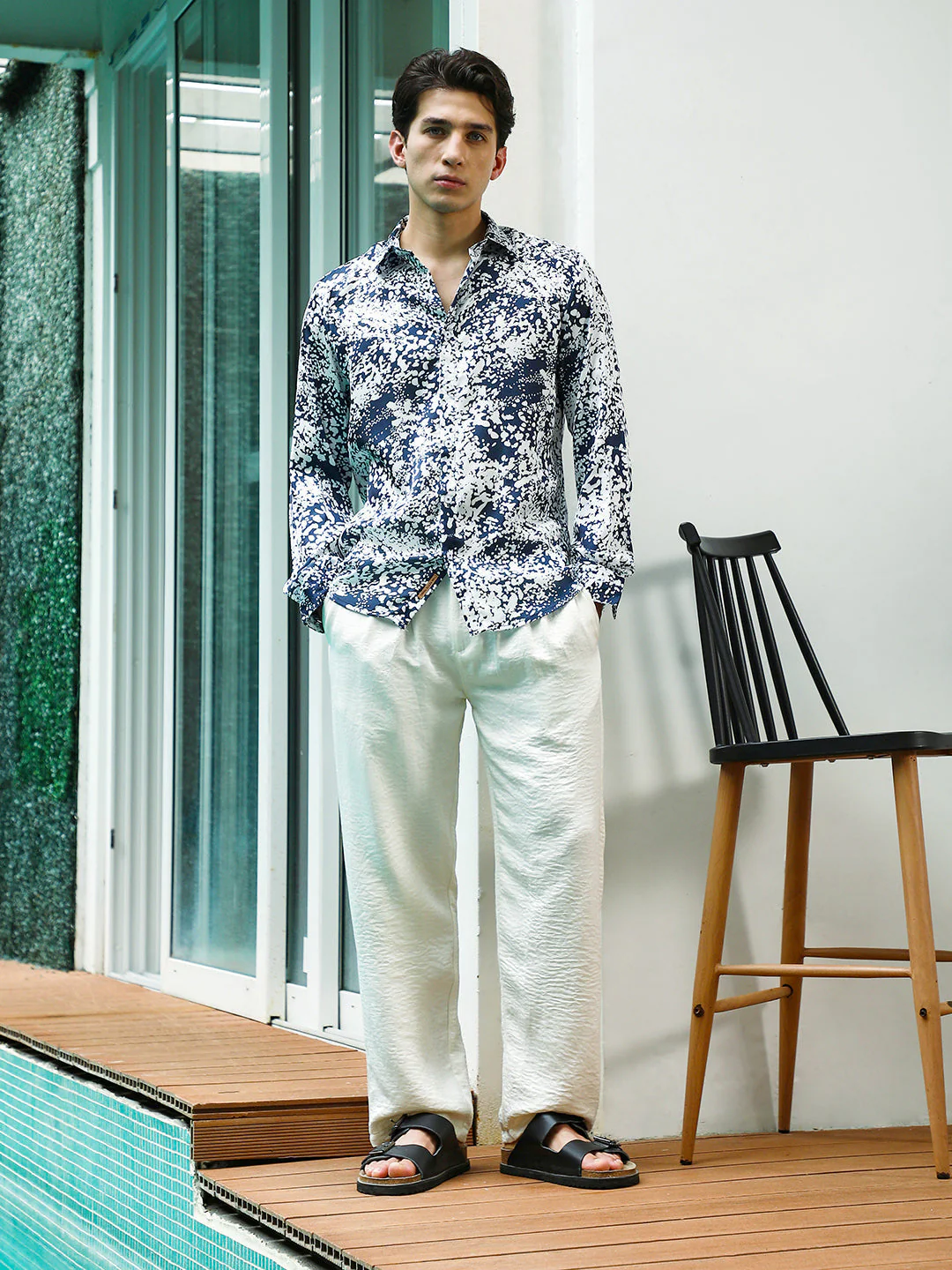 Navy Blue and White Abstract Pattern Rayon Shirt - Image 5