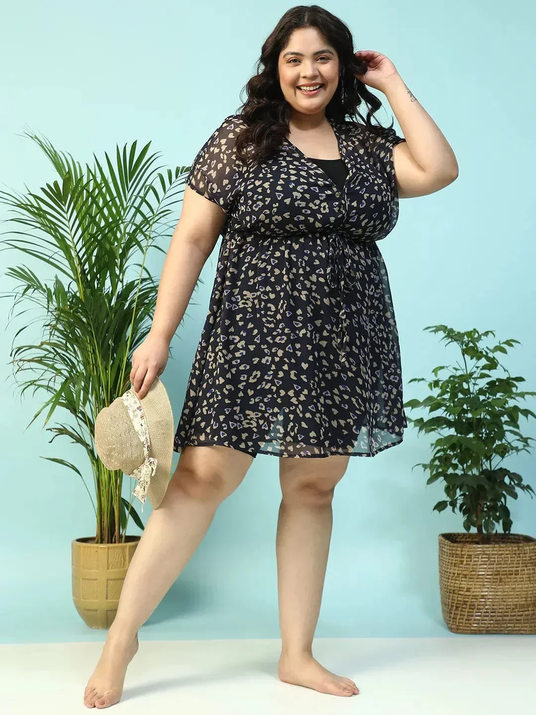Navy Blue Animal Print Short Sleeve Elasticated With Tie-Up Detail Plus Size Women Beachwear Kaftan - Image 8