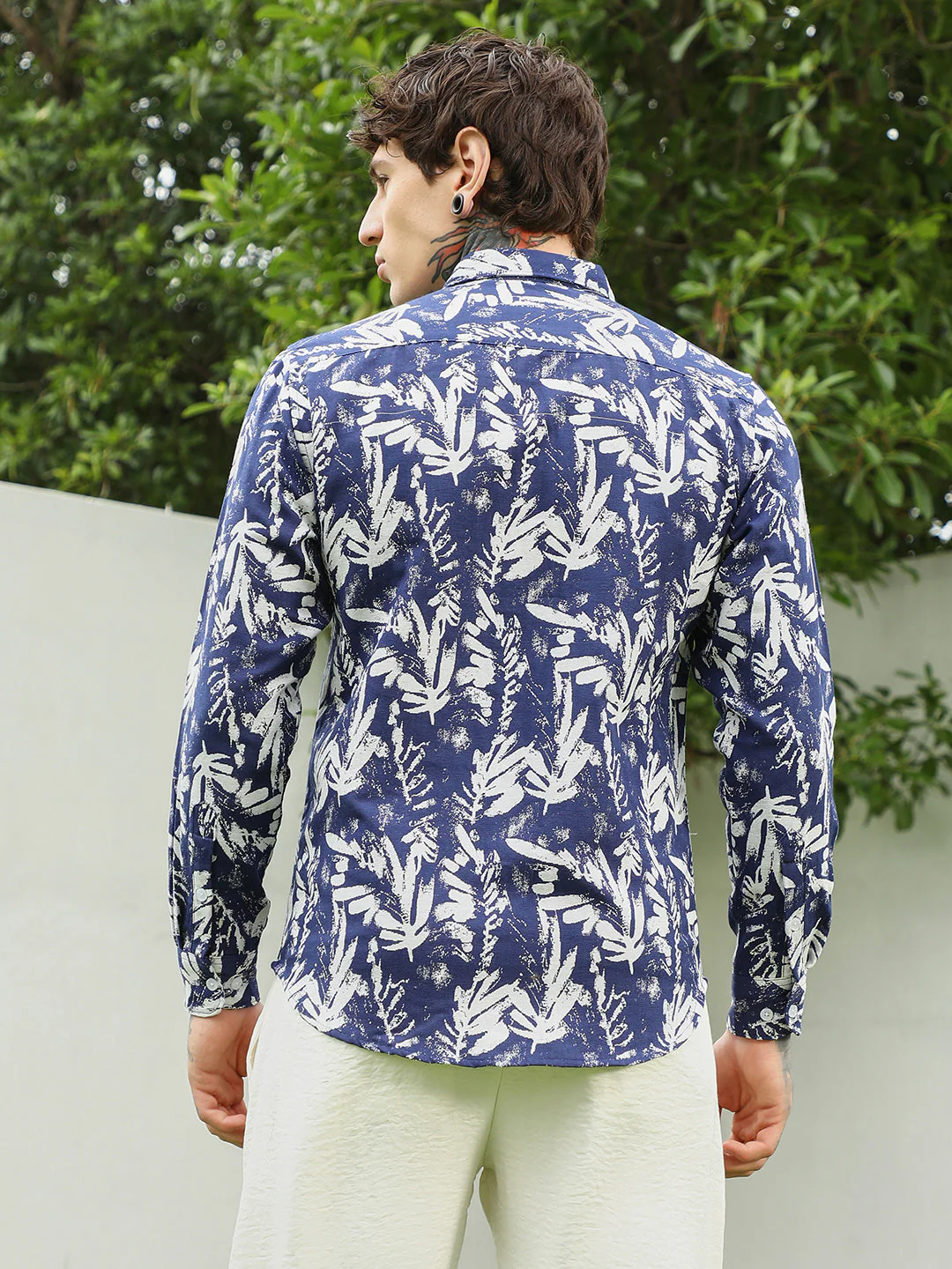 Navy Blue Botanical Print Cotton Blend Full Sleeve Shirt - Image 4