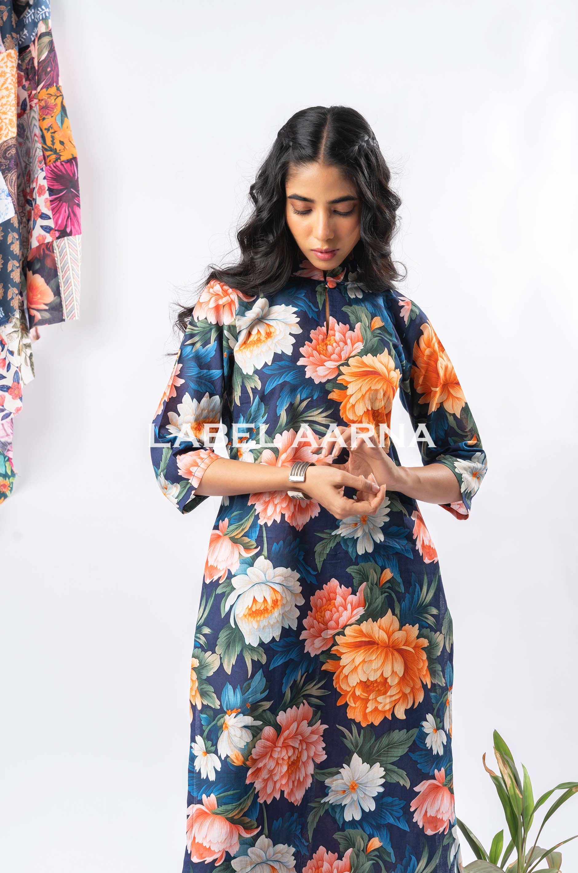 Navy Blue Cotton Floral Printed Straight Kurta Set - Image 2
