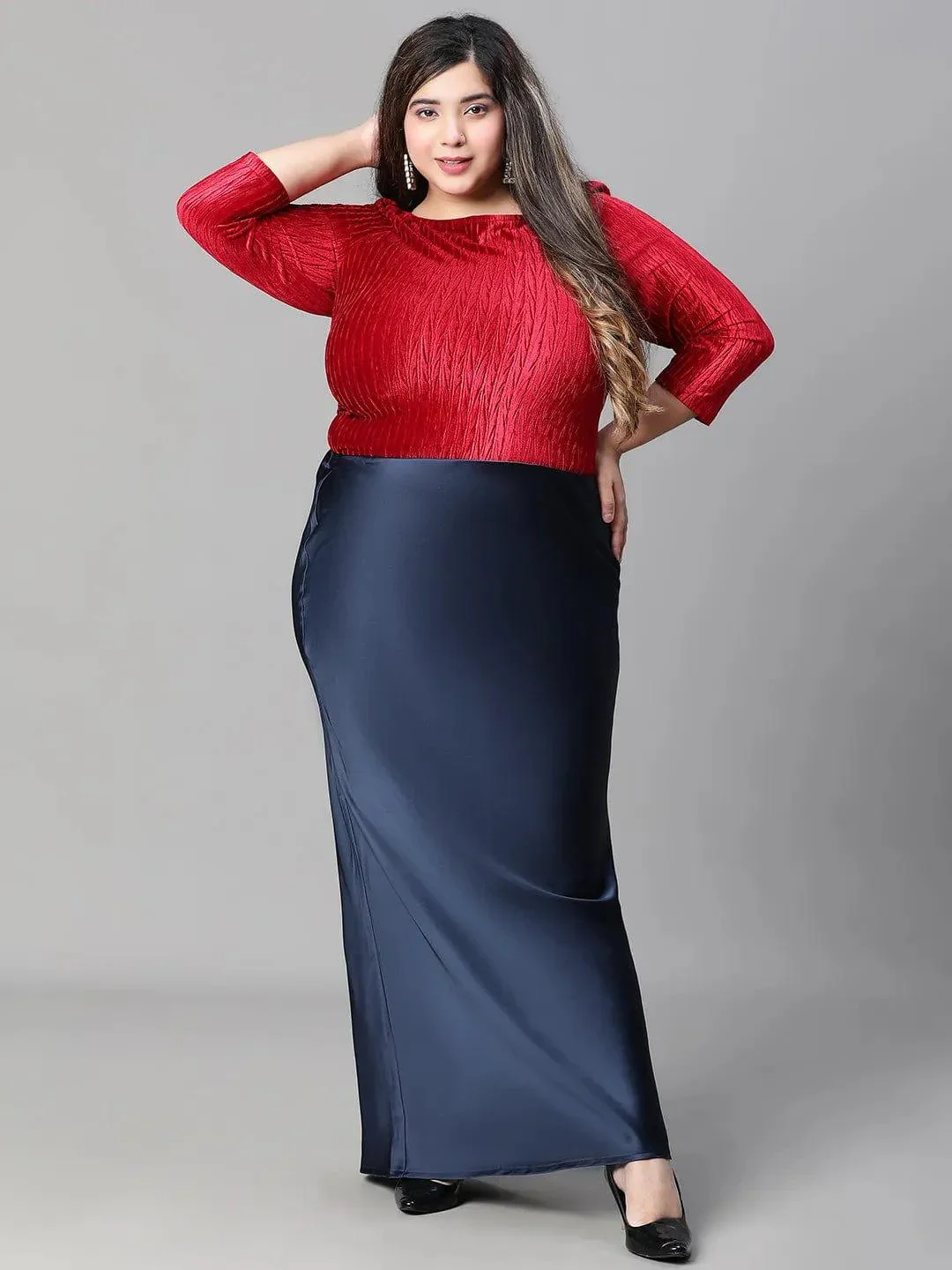 Navy Blue Elasticated Plus Size Women Long Satin Skirt - Image 2
