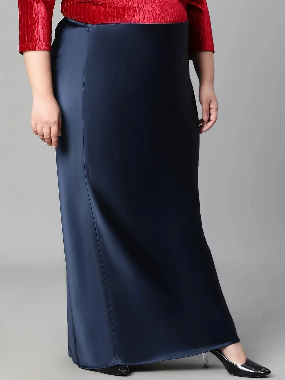 Navy Blue Elasticated Plus Size Women Long Satin Skirt - Image 4