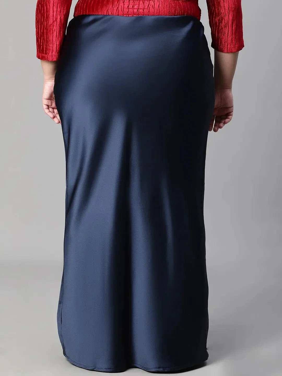 Navy Blue Elasticated Plus Size Women Long Satin Skirt - Image 5