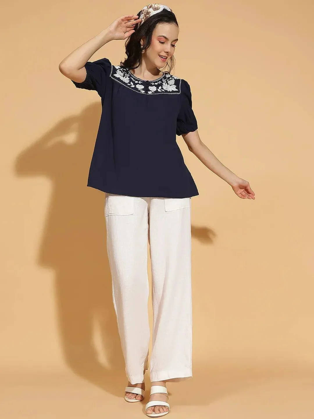 Navy Blue Embroidered Short Sleeve Women’s Cotton Top - Image 2