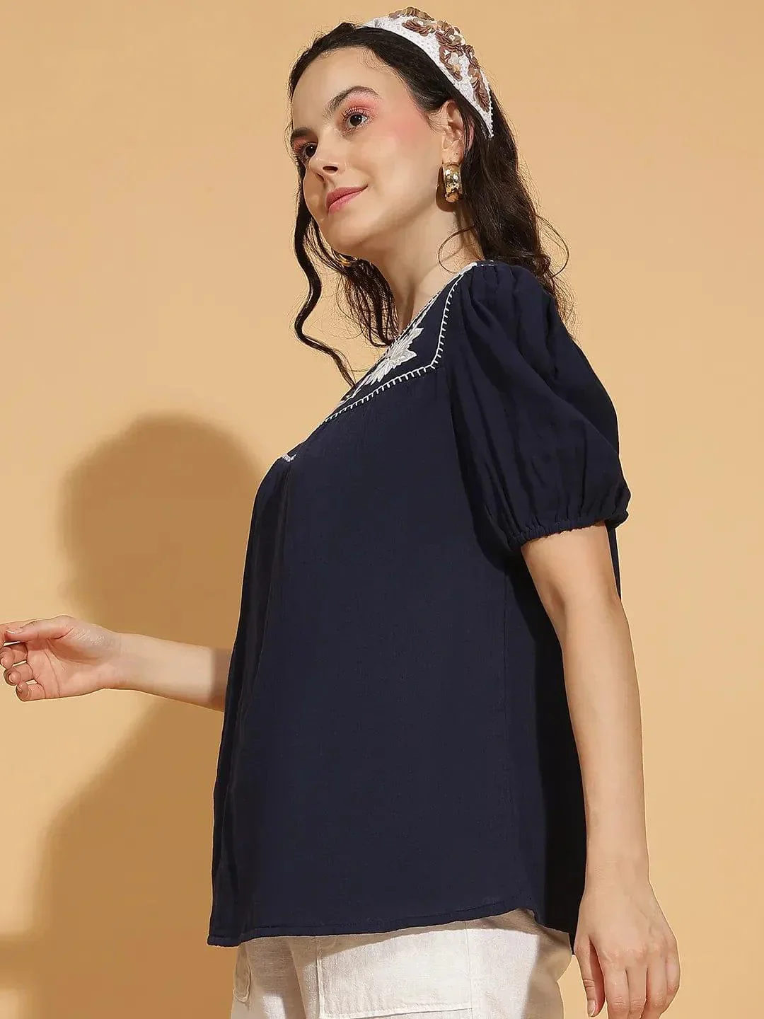 Navy Blue Embroidered Short Sleeve Women’s Cotton Top - Image 3