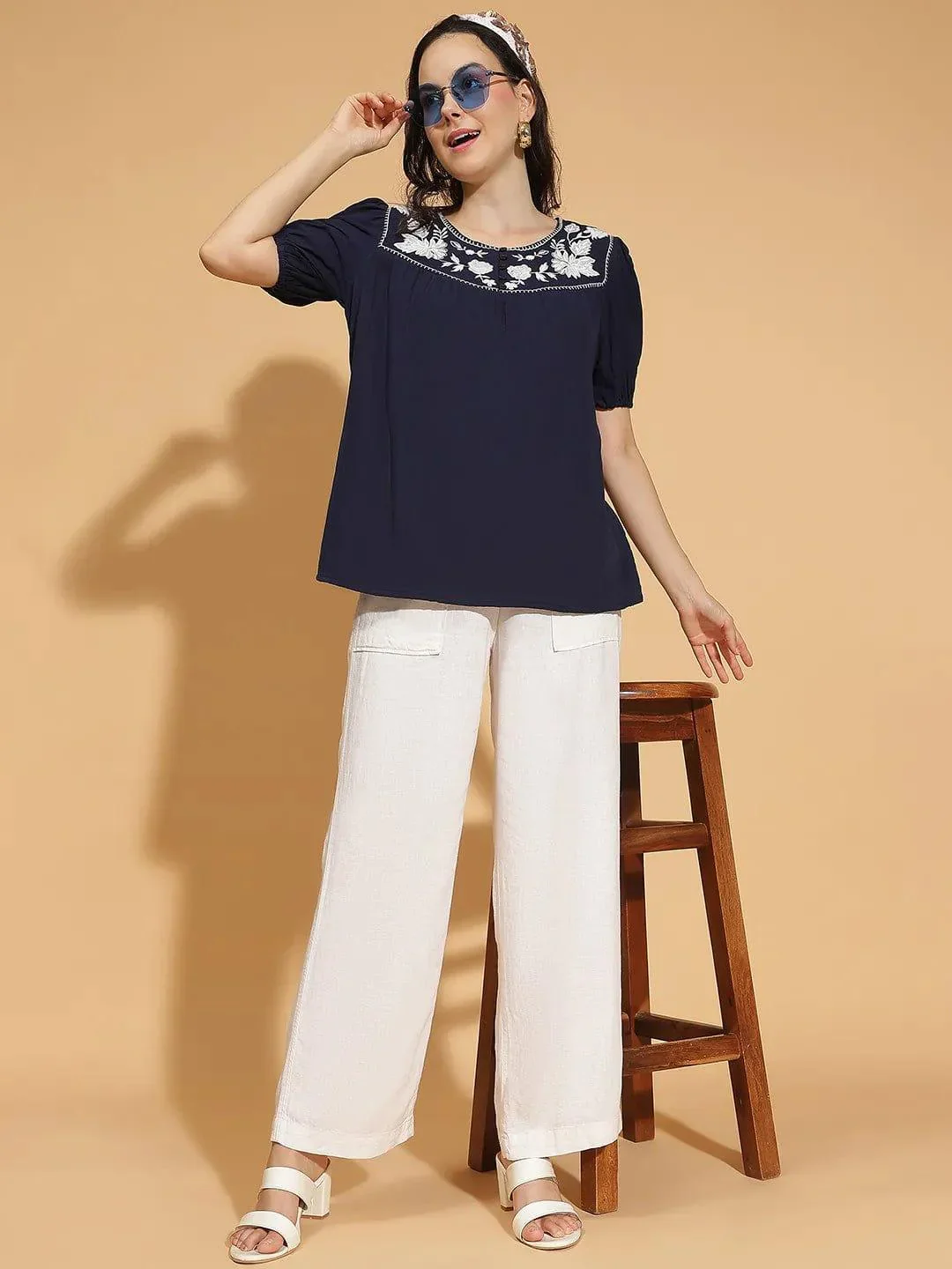 Navy Blue Embroidered Short Sleeve Women’s Cotton Top - Image 8