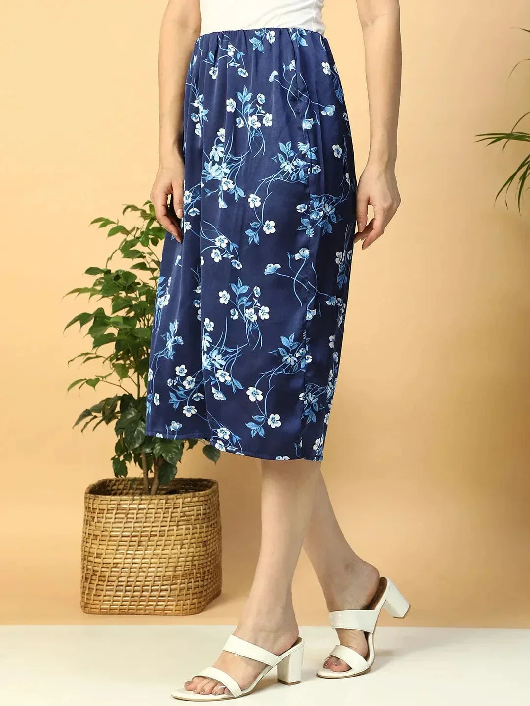 Navy Blue Floral Print Elasticated Knee Length Women Satin Skirt - Image 3