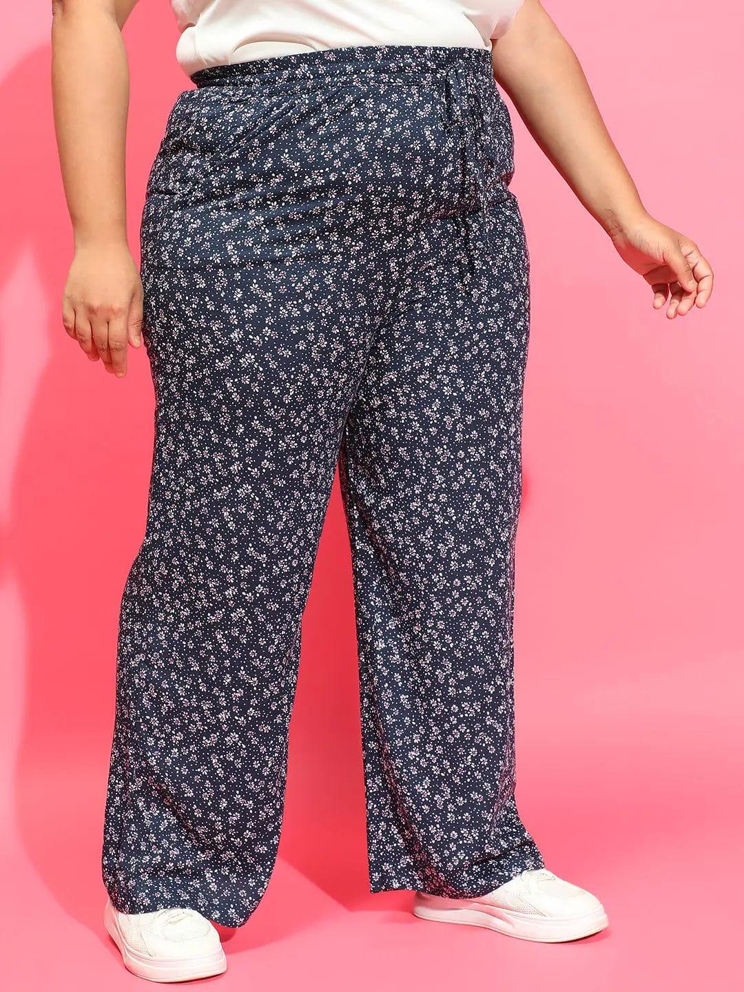 Navy Blue Floral Print Elasticated Waist Plus Size Pant - Image 4